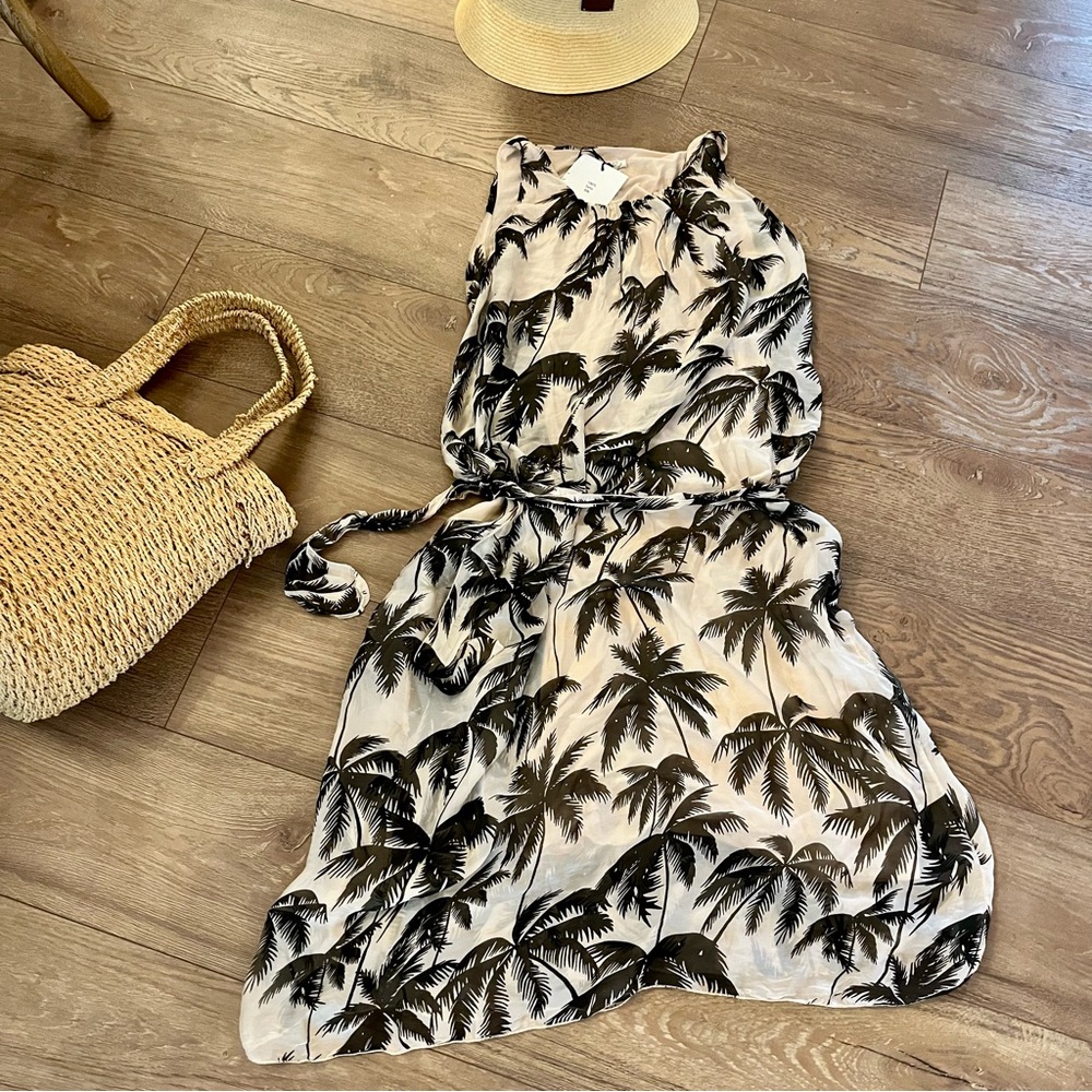 100%Silk , Flowy  Palm Print midi Dress , Sz L
